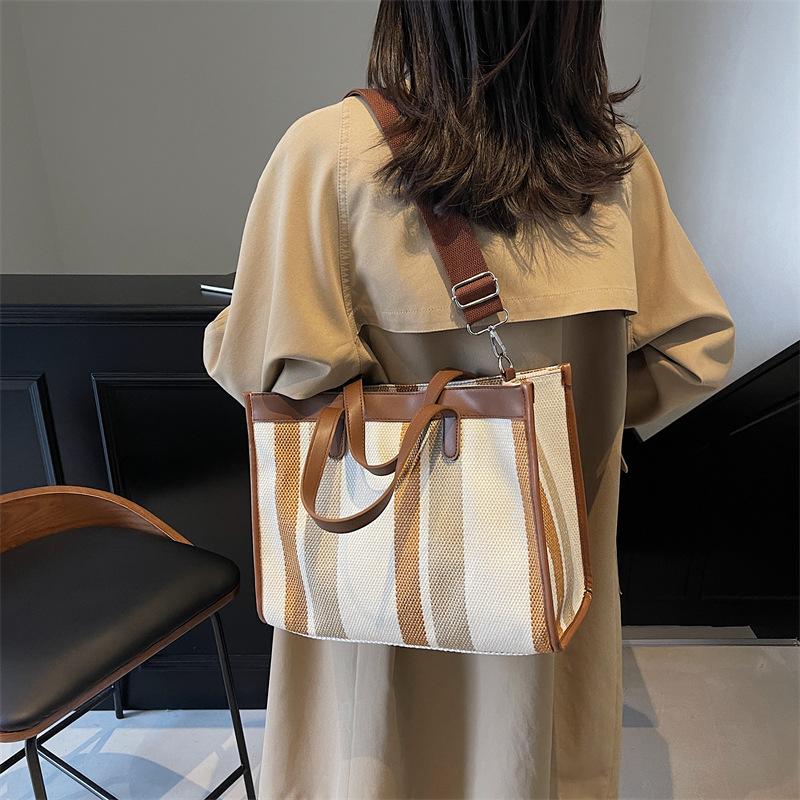Large Capacity Canvas Bag Hand Carrying Student Class Crossbody Bag Striped Contrast Tote Bag