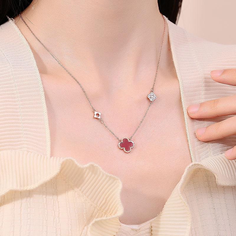 S999 Pure Silver Clover Red Agate Necklace Female Pendant Light Luxury Minority