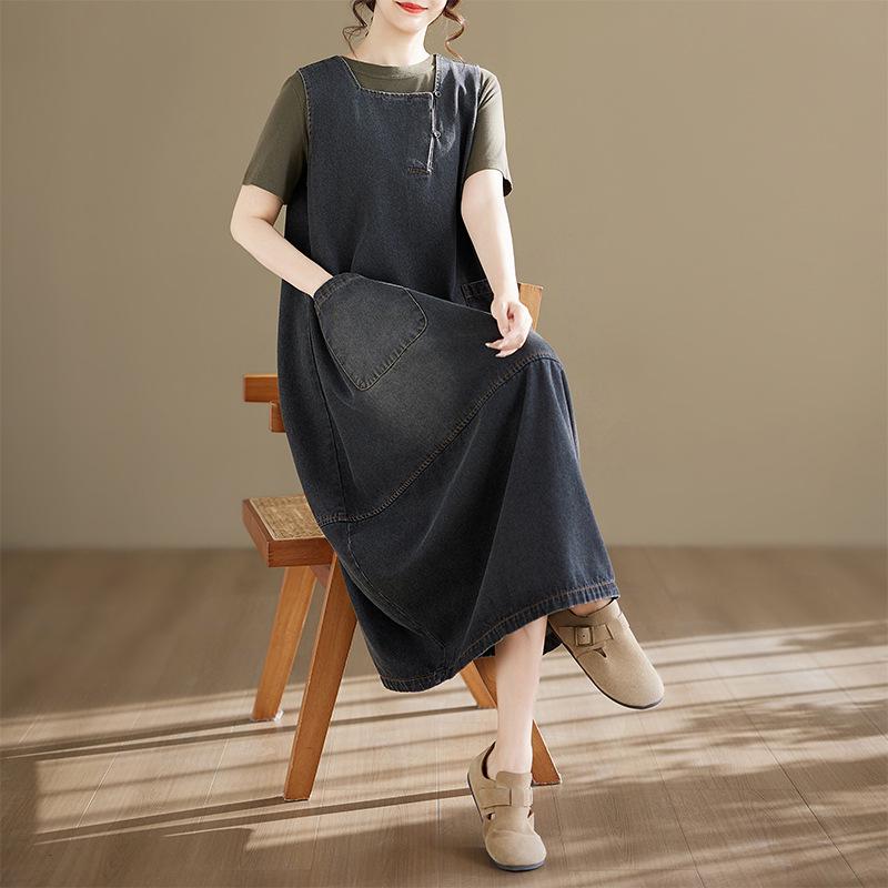 

2026 Spring/Summer Retro Plus Size Loose Denim Vest Long Dress with Square Neck Plus Size 2XL чёрный