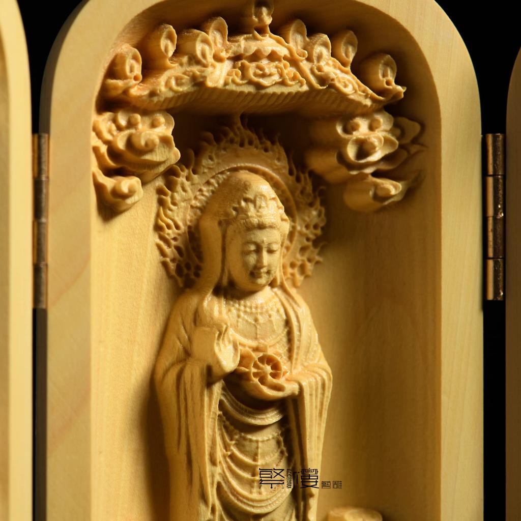 Buddhist Kannon wood miniature Buddhist Buddhist Buddhist ornament 10cm x width 13cm x depth statue, Sankaibutsu, statue, Manjusri, Kannon,
