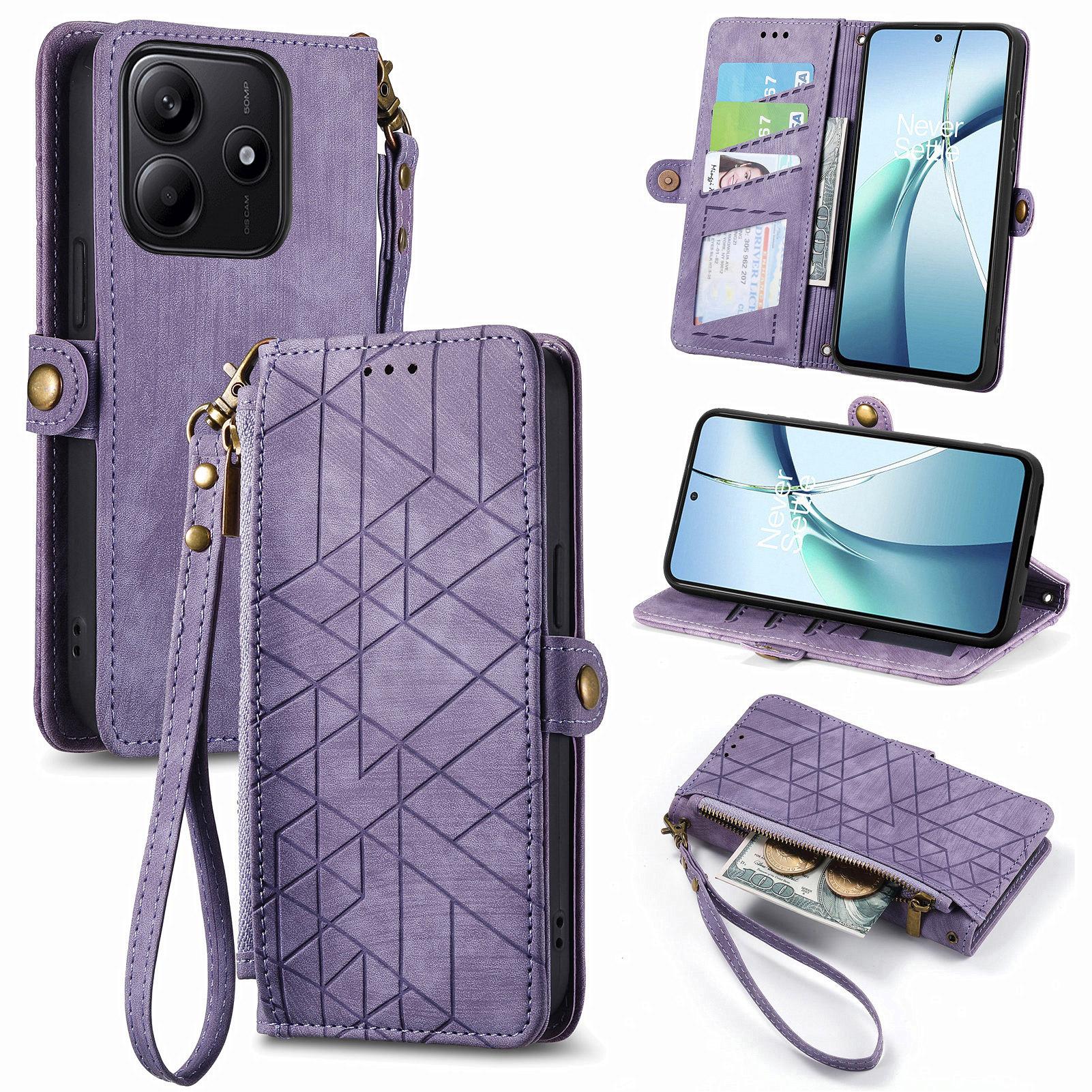 

For Xiaomi Redmi Note 14 5G Case Zipper Wallet Geometry Lines Leather Phone Cover Light Purple