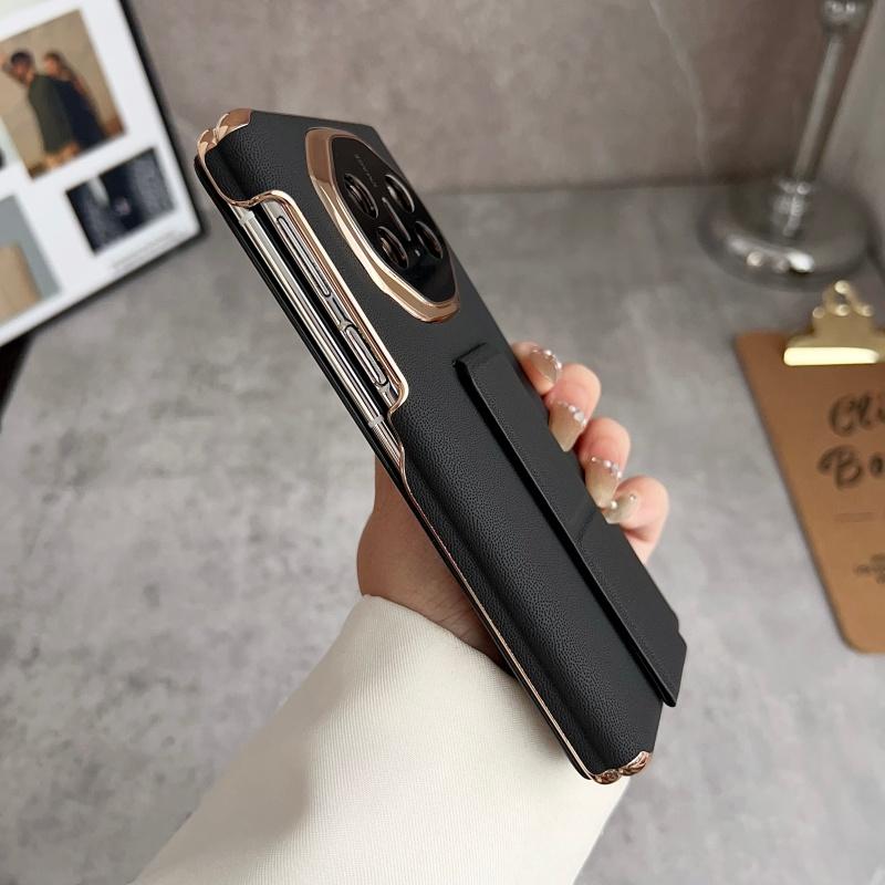 For Huawei Mate X6 and X5 Case Luxury Leather Dual Hinge Protection Finger Grip Strap Track Stand Case Cover