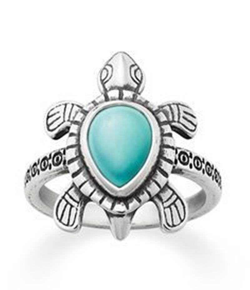 Hot Sale Vintage Ancient Silver Color Carved Green Lovely Sea Turtle Animal Female Ring for Women Party Accessories