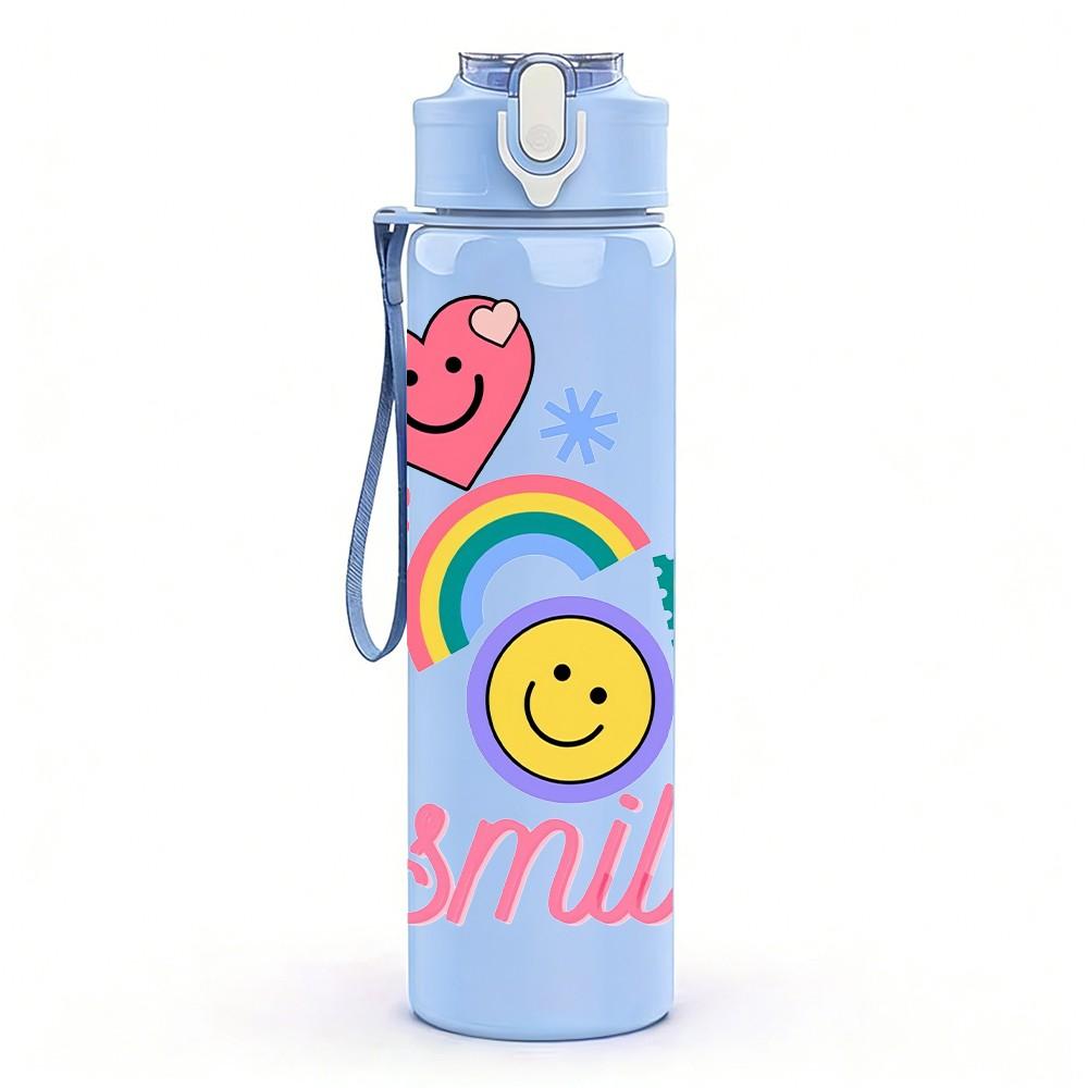 1PC Rainbow Cloud Smile Face Pattern 750ml Color Plastic Sports Water Bottle Leakproof Flip Straw Lid Suitable for Sports Office Home Use