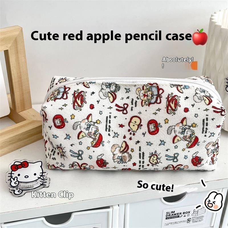 Cute Red Apple Hello Kitty Pencil Case Large Capacity Portable Storage Bag Girly Zipper Stationery Clutch Sweet Makeup Bag Gifts