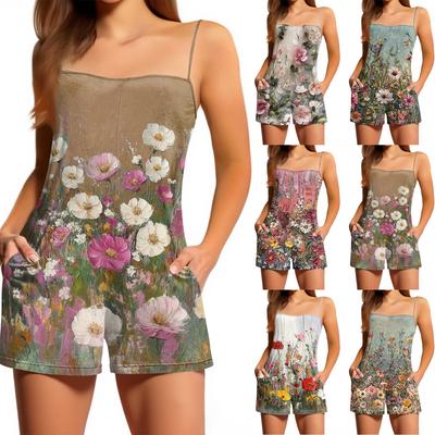Damen Casual Mode Blumenmuster Ärmellos Hosenträger mit Taschen Jumpsuit Shorts