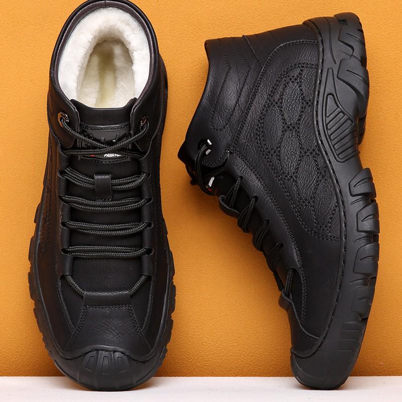 Mens Winter Warm Faux Fur Lined Leather Snow Boots Slip Resistant High Top Casual Martin
