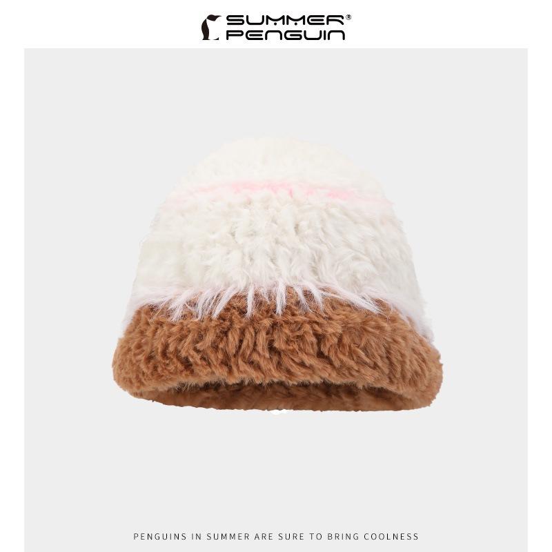 Color Striped Imitation Rabbit Hair Knitted Wool Hat Children's Autumn and Winter Splicing Thickened Warm Plush Ear Protector Crouch Hat