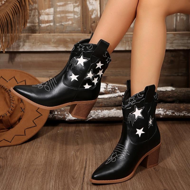 European and AmericanMartin Boots Embroidered Pointed Short Knight Boots Women's Cross-border Embroidery Retro Middle Heel Fashion Leather Boots