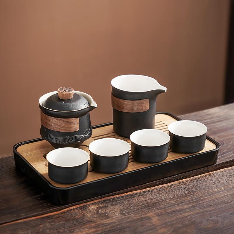 Lainuo Black Pottery Wave Handle Teapot Tea Set with Floral Tray