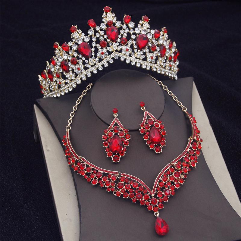Wunderschöne rosa Kristall-Diademe Brautschmuck-Sets für Frauen Mode Krone Ohrringe koreanische Hochzeit Halskette Dubai Schmuck-Sets