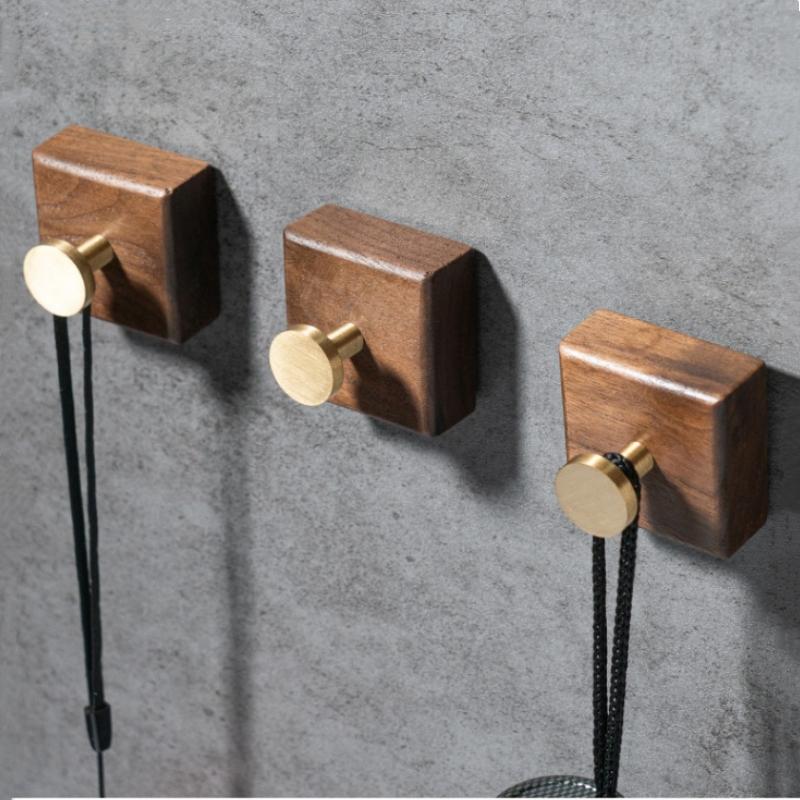 Drewno Orzechowe Mosiężny Haczyk Wiszący na Ścianie Wieszak na Klucze do Drzwi Łazienkowy Wieszak na Płaszcze i Kapelusze Samoprzylepny Haczyk Akcesorium Kuchenne Organizacja Dekoracja