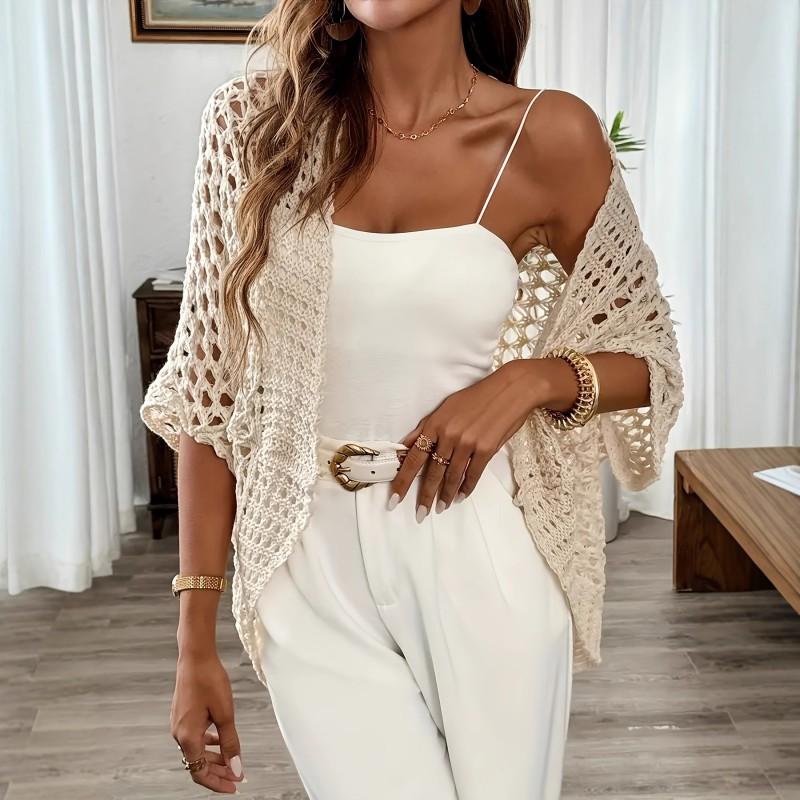 2026 Womens Knit Beach Cover Up Hollow Out Sexy Resort Half Sleeve Sweater