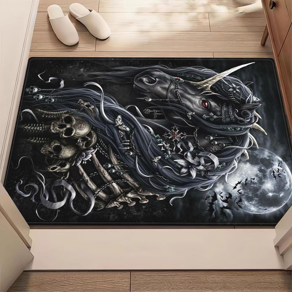 Dark unicorn skull rug gothic fantasy art carpet mystical horse moon night sky horror room decor black magic theme