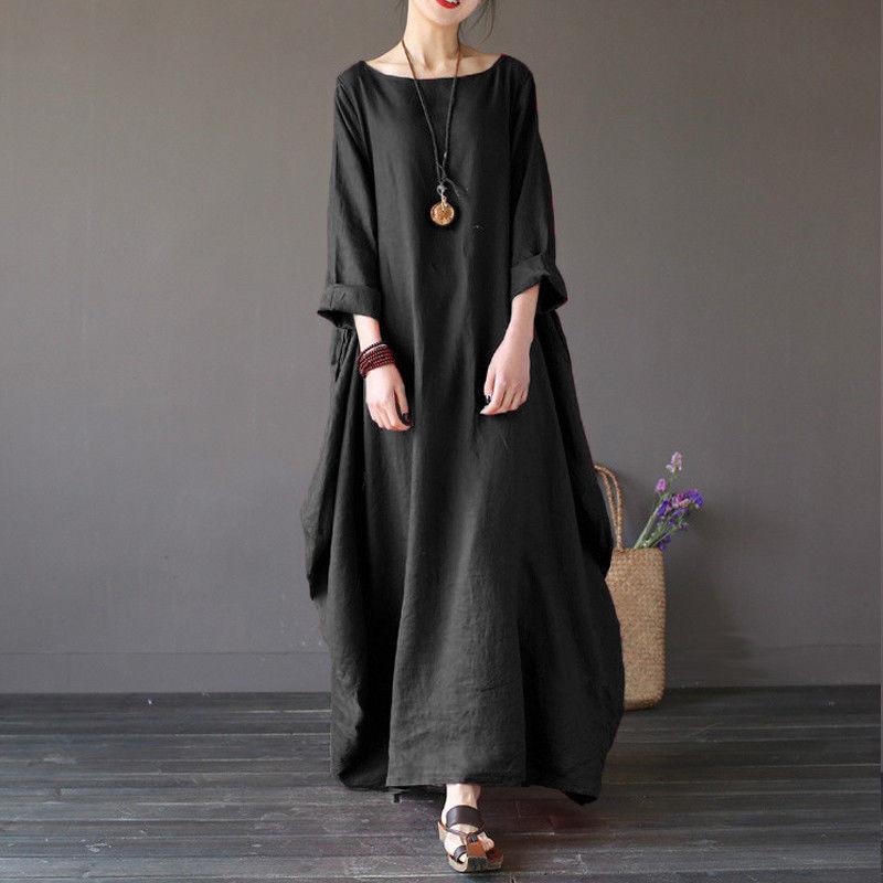 Timeless Design Usa Women Crew Neck Loose Cotton Baggy Maxi Dress Perfect For Summer Occasions