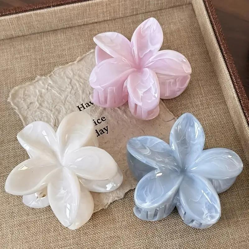 Blue & White Gradient Plumeria 3D Marble Hair Claw Clip - Elegant Floral Hair Accessory