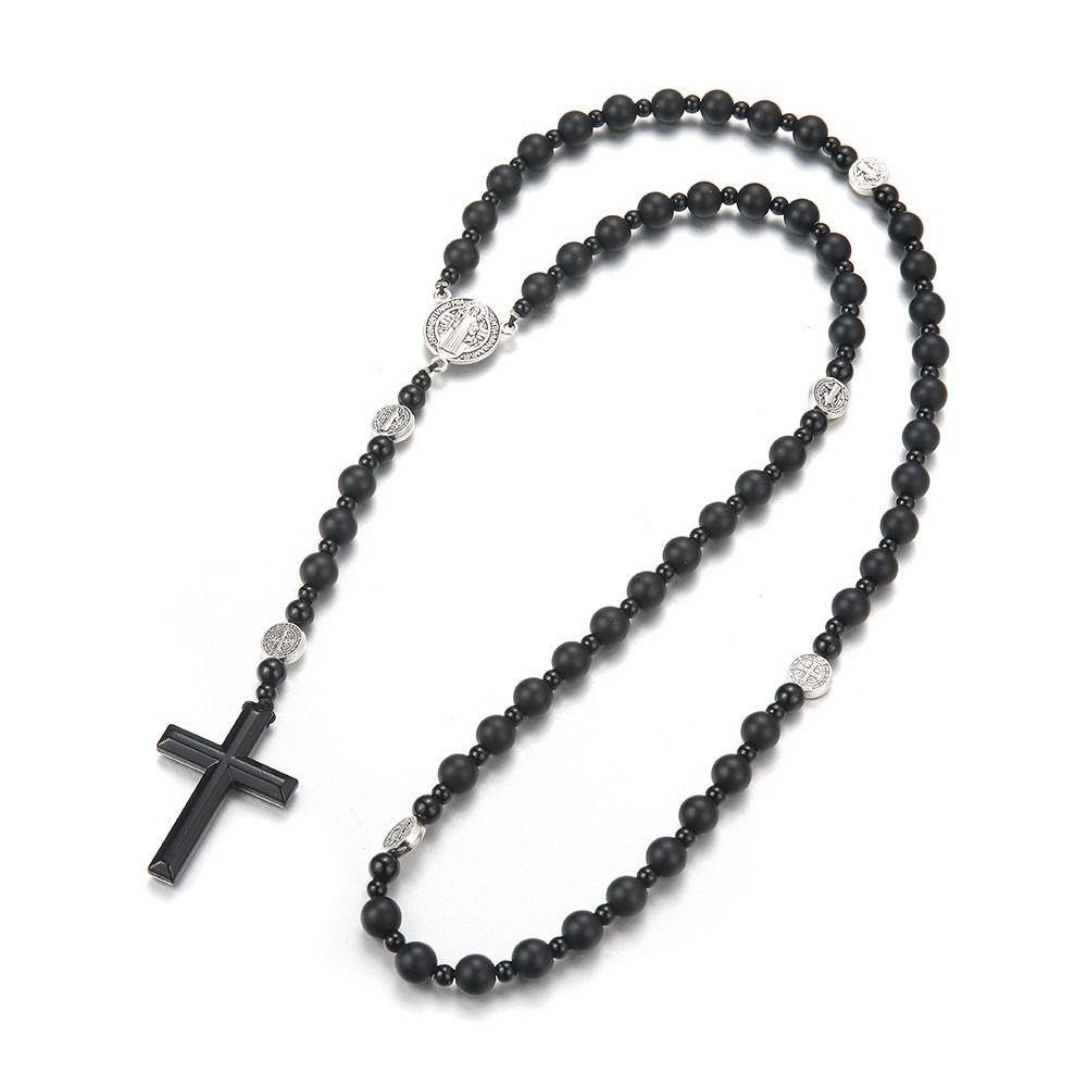 Schwarze Rosenkranz Halskette Runde Perlen Kreuz Anhänger Halskette Neue Perlen Halskette Rosenkranz Geschenk