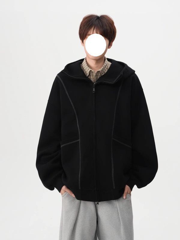 Men's Heavyweight Deconstructed Air Layer Cardigan Hoodie - Autumn/Winter Trendy Stitching Casual Outerwear.