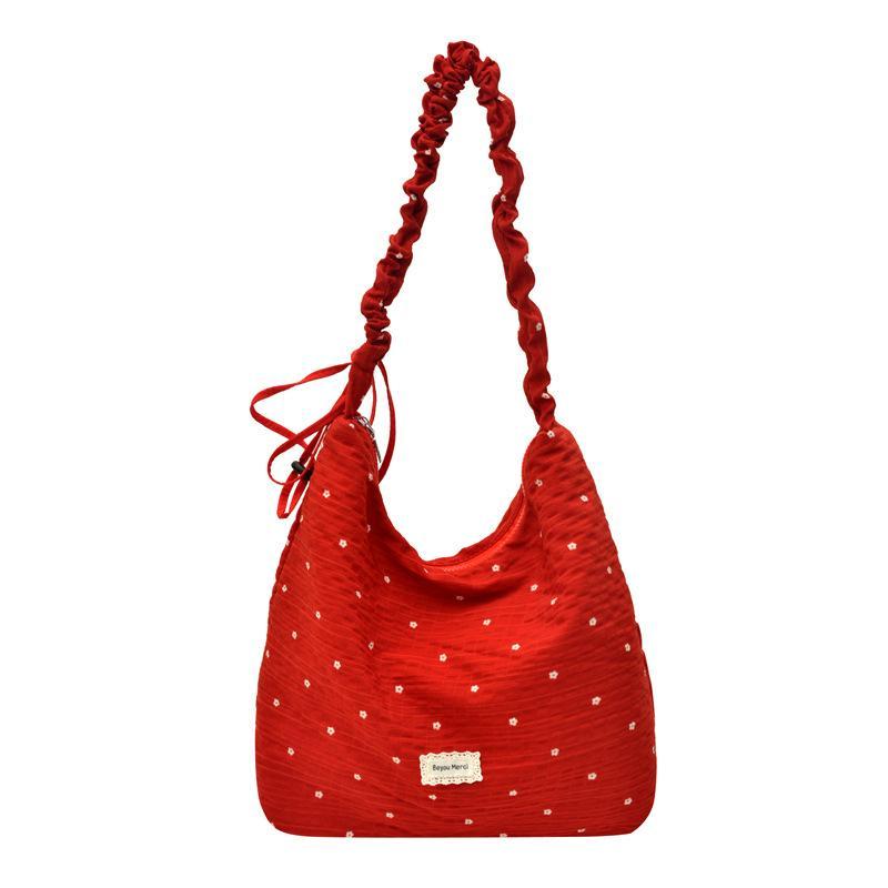 Red Floral Canvas Shoulder Bag Adjustable Ruffled Strap Large Capacity For Commute Shopping Travel