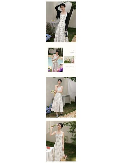 Deer To the South 'French Elegance' Polka Dot Summer Dress: Women's Spaghetti Strap, Fitted Waist, Long Design