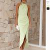 Women Halter Neck Ruched Midi Dress Sleeveless High Waist Split Bodycon Maxi Dress Elegant Evening Party Dress For Women