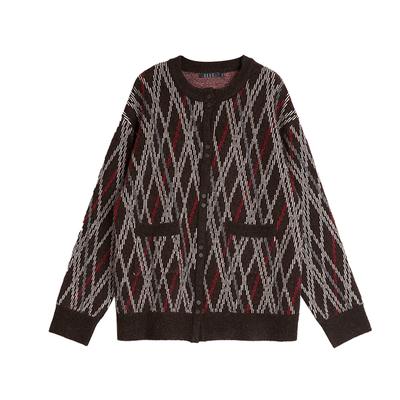 French Plaid Design Vintage Warm Single-Breasted Cardigan Long Sleeve Knit Sweater Women Sweater Brown L7WZK158
