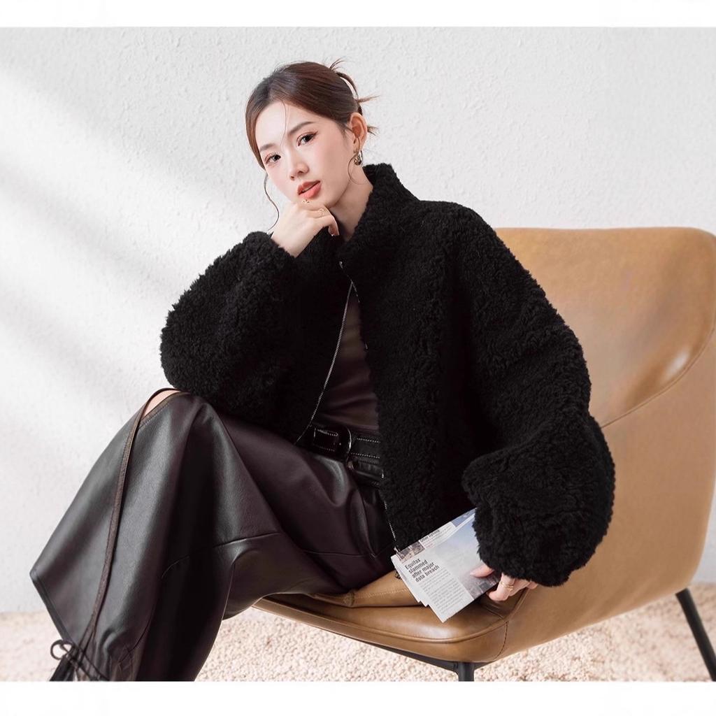 Autumn and winter new pure lamb fur fur integrated fur coat women's short stand-up collar zipper sheep shearing coat