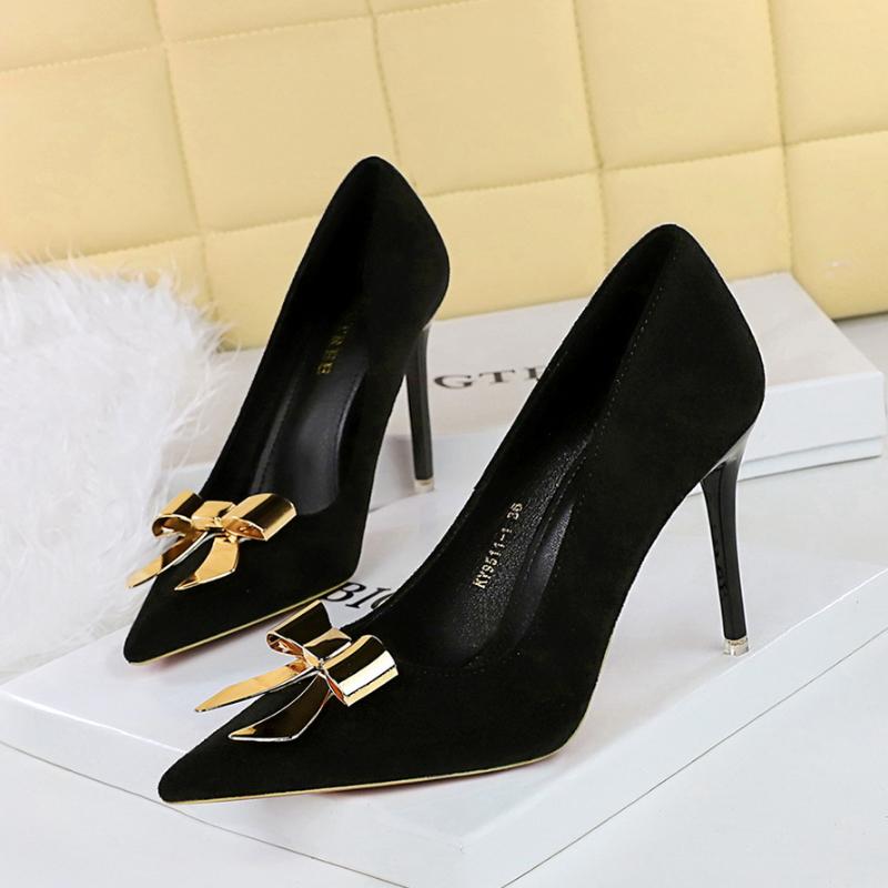 European American Style Banquet High Heels Thin Heels Shallow Mouth Pointed Toe Suede Bow Metal Buckle High Heels Single Shoes