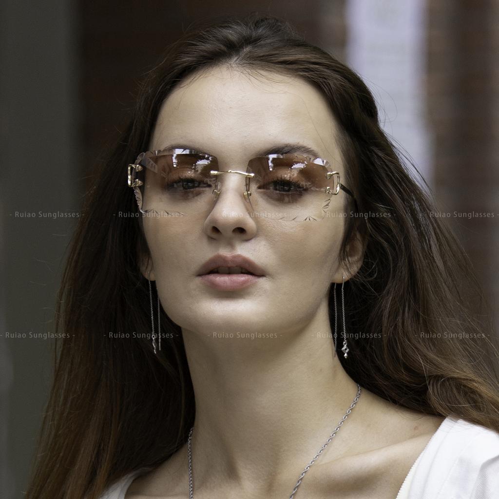 Ruiao Luxury High Quality Rimless Diamond Cut Nylon Lens UV400 Sunglasses Fashion Square Metal Legs Glasses for Men Women