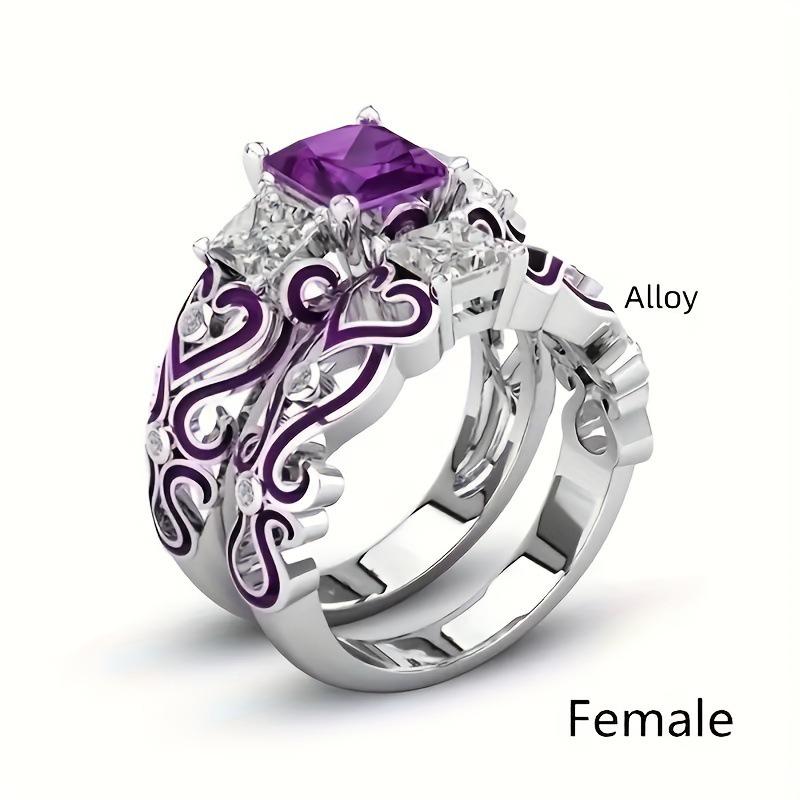 Purple Square Zircon Resin Flower Pattern Retro Ring