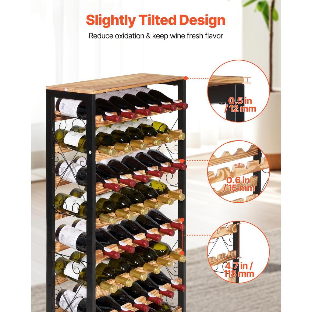 SucceBuy 48 Bottle Wine Rack 8-Tier Iron Wine Bottle Holder With Wood Table Top For Kitchen Pantry Bar 26''L X 9.3''W X 46.9''H