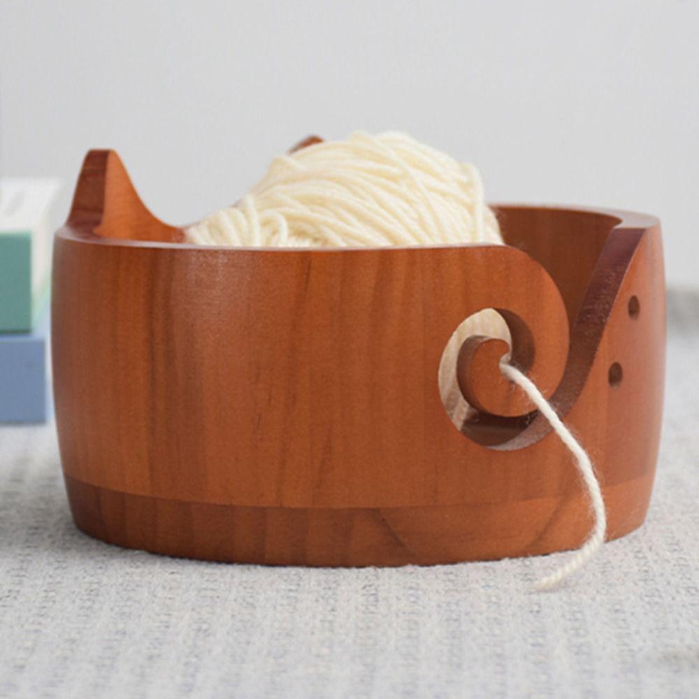 Practical Wooden Yarn Bowl With Holes Yarn Organizer Durable Knitting Storage Bowl Crocheting