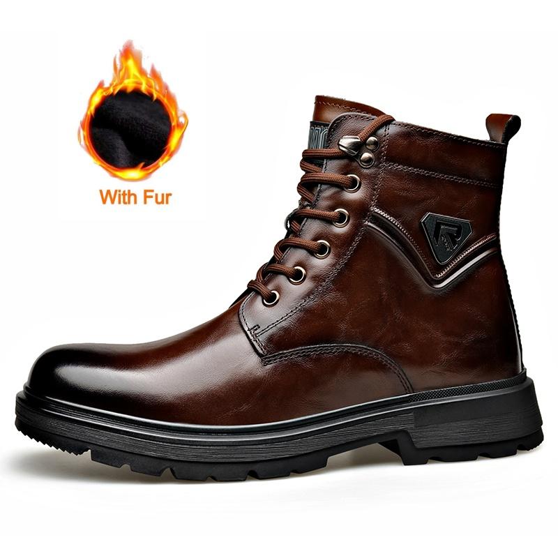 British Style Mens Winter Platform Snow Boots Fashion Genuine Leather Outdoor Antiskid Walking Ankle Boots Mens High Top Boots