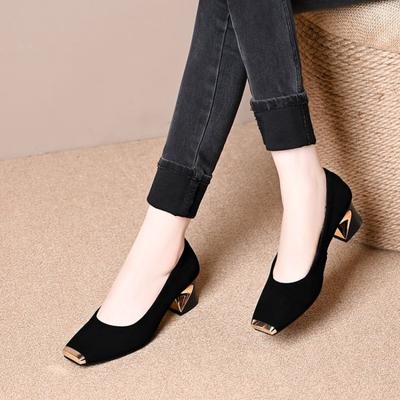 Metal Head Anti-kick Shallow Mouth Single Shoes for Women's Spring and Autumn New Thick Heel Versatile Soft Sole Small Leather Shoes for Women