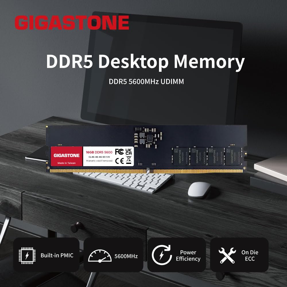 GIGASTONE DDR5 2 x 16GB DDR5 5600MHz CL UDIMM Unbuffered Memory Module Upgrade for Desktop PCs Memory (32GB Kit) PC5-44800 46-46-46-90 1.1V 288-pin