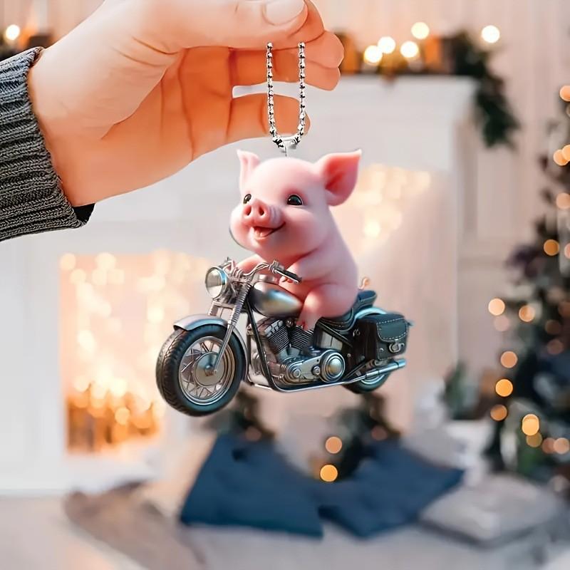 Charming Vintage Acrylic Pig Motorcycle Keychain Ideal For Holiday Decoration
