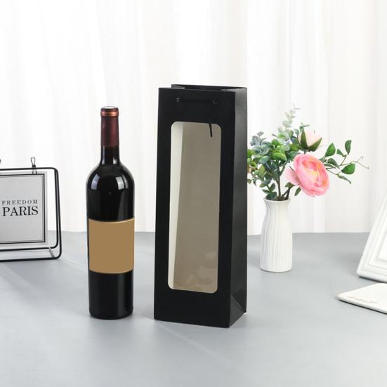 Kraft Paper Bag Decorative Oblong Shape Detachable Carry Cord Portable Pack Red Wine Contrast Color Translucent Visible Gift Bag for Champagne