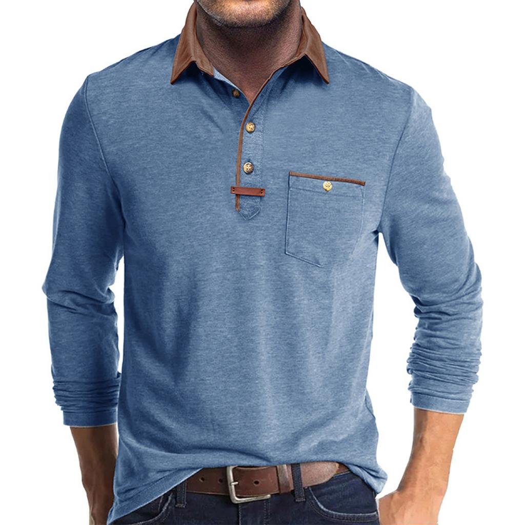Herren Frühlings- und Farb-T-Shirt mit Kragen 3 Knöpfe Offene Knopfleiste Knöpfe Langärmliges Oberteil