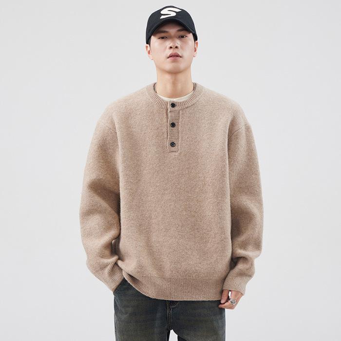 Men s Japanese Retro Solid Color Button-Up Knit Pullover Sweater XL хаки