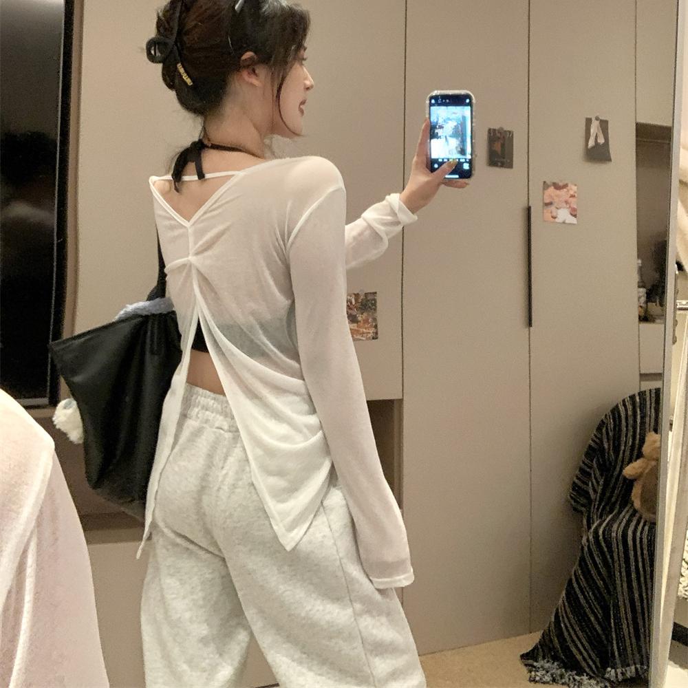 2025 spring Summer V-neck Sunscreen Thin Lazy Loose Long Sleeve T-shirts casual loose solid perspective Front and Back Double Top for Women t shirt