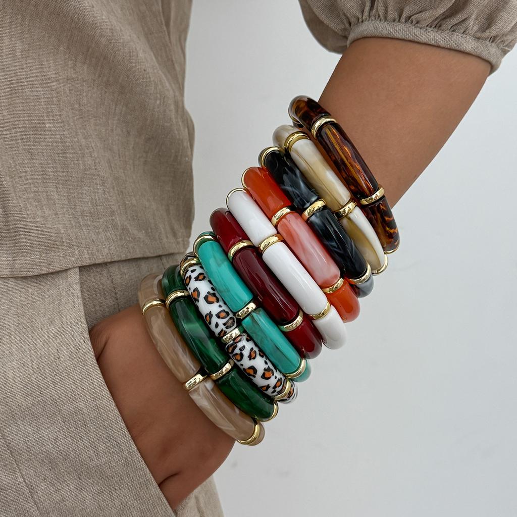 Vintage Stackable Acrylic Bracelets for Women Bohemian Round Retro Tube Beaded Bracelet Bangles Leopard Resin Elastic Bangle  Jewelry Gift