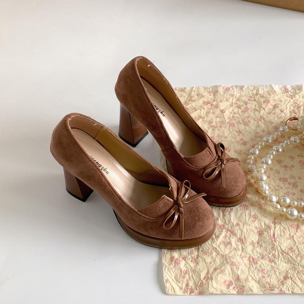 Retro Bow Women High Heels Mary Jane Shoes Fashion Shallow Slip on Pumps Concise Dress Thick Heel Ladies Lolita Shoes Footwear