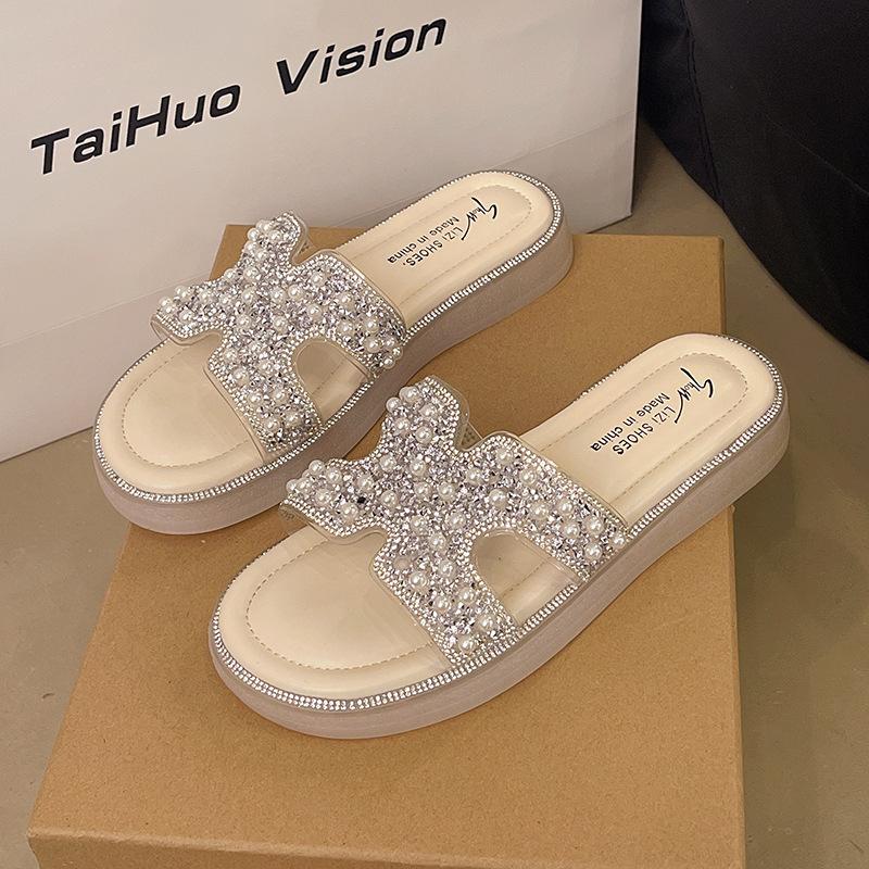 Slope heel thick bottom beautiful cool slippers women's summer wear 2025 new with skirt flat bottom seaside beach one-word drag