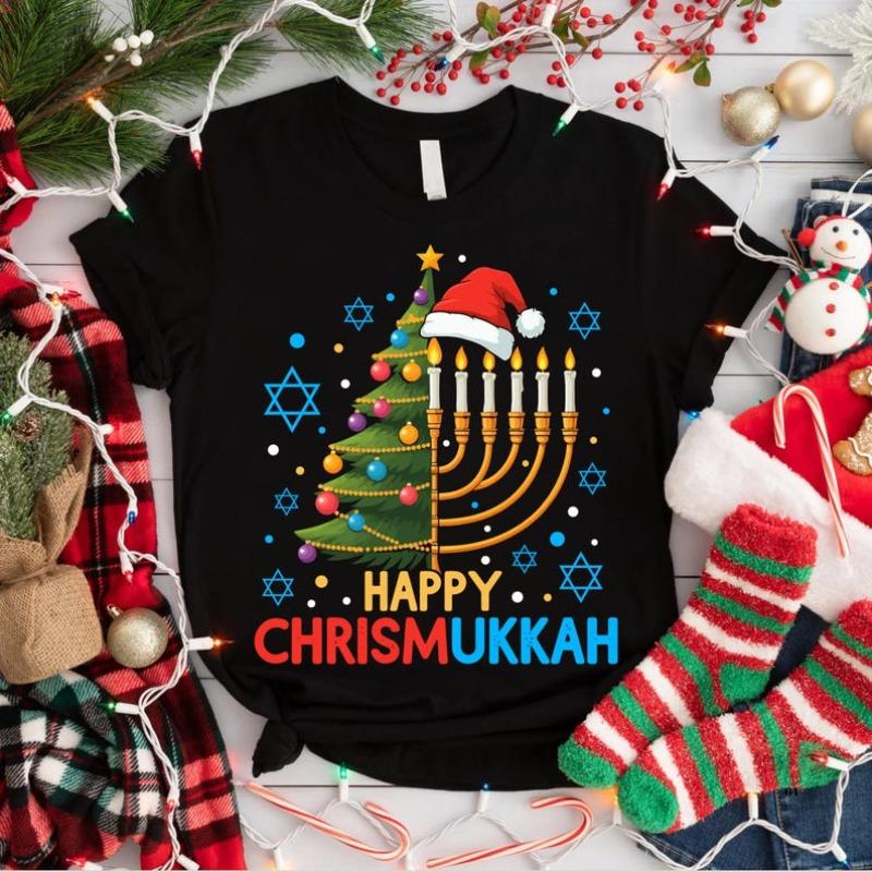 Happy Chrismukkah Tshirt Hanukkah Christmas Menorah Tree Tees Retro Fashion Xmas Casual Wear High Quality Men Woman Cotton Shirt