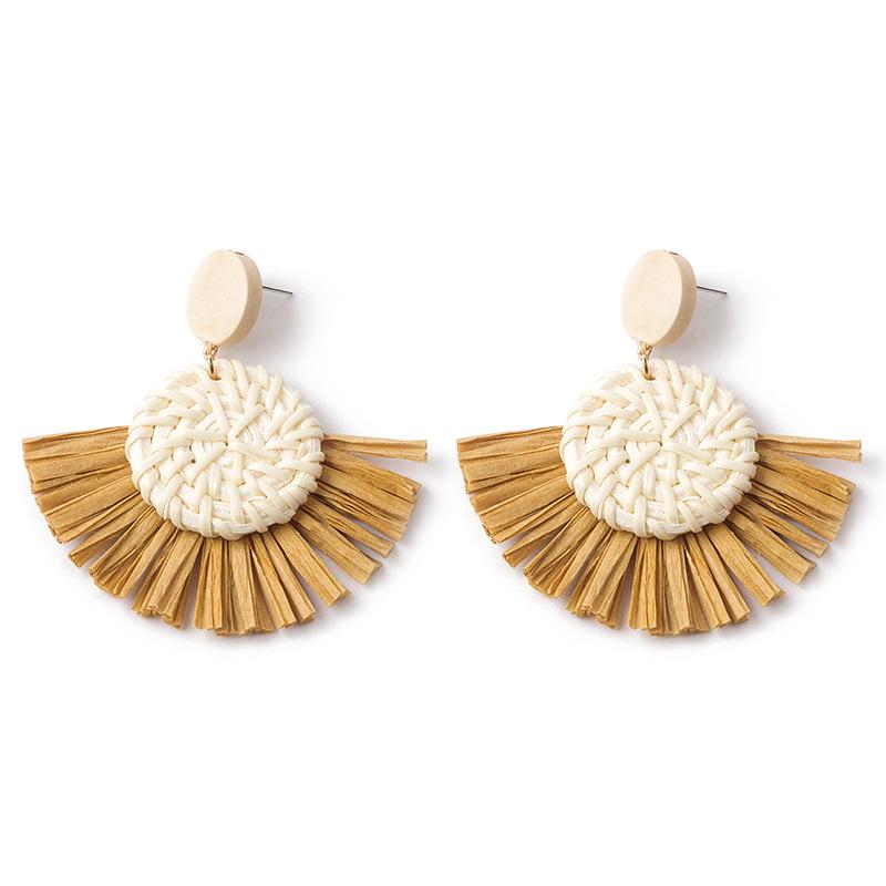 Hand-Woven Geometric Rattan Raffia Earrings, Retro Resort Fan Stud Earrings, Earrings For Women