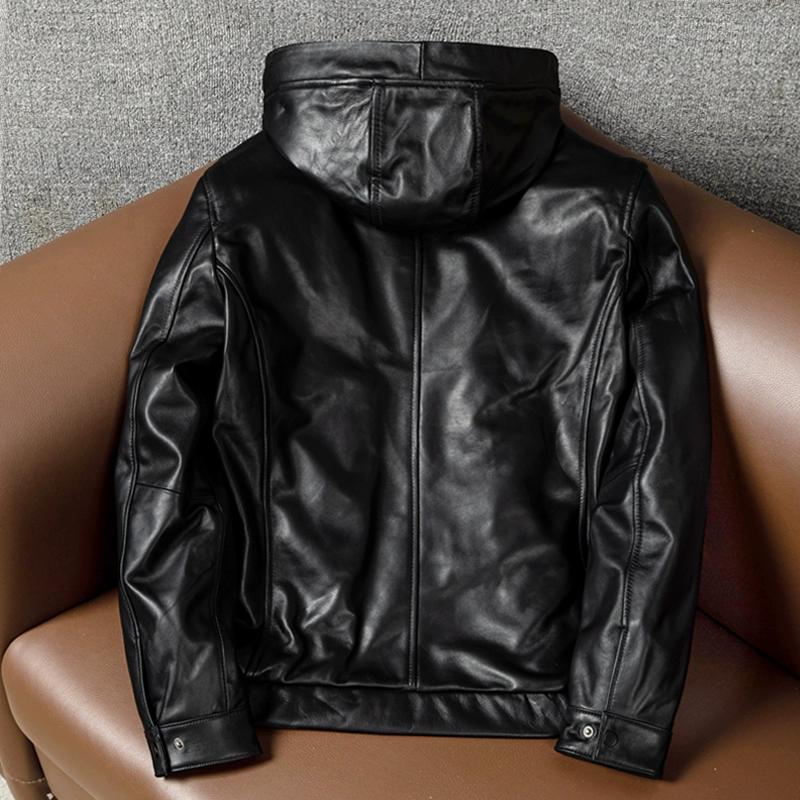 New Genuine Leather Hooded Jacket for Men Pure Top Grain Cowhide Casual Big Size Autumn Winter Coat