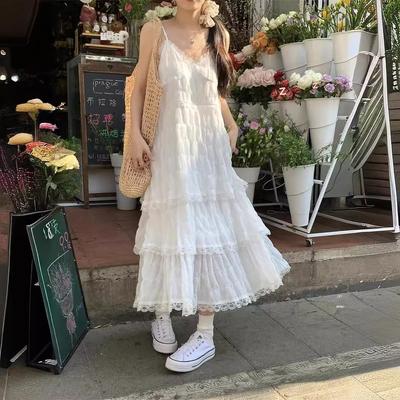 Vestido longo de verão vintage casual com babados elegante maxi alças camis sedoso renda de praia elegante vestido de festa vestidos sexy feminino
