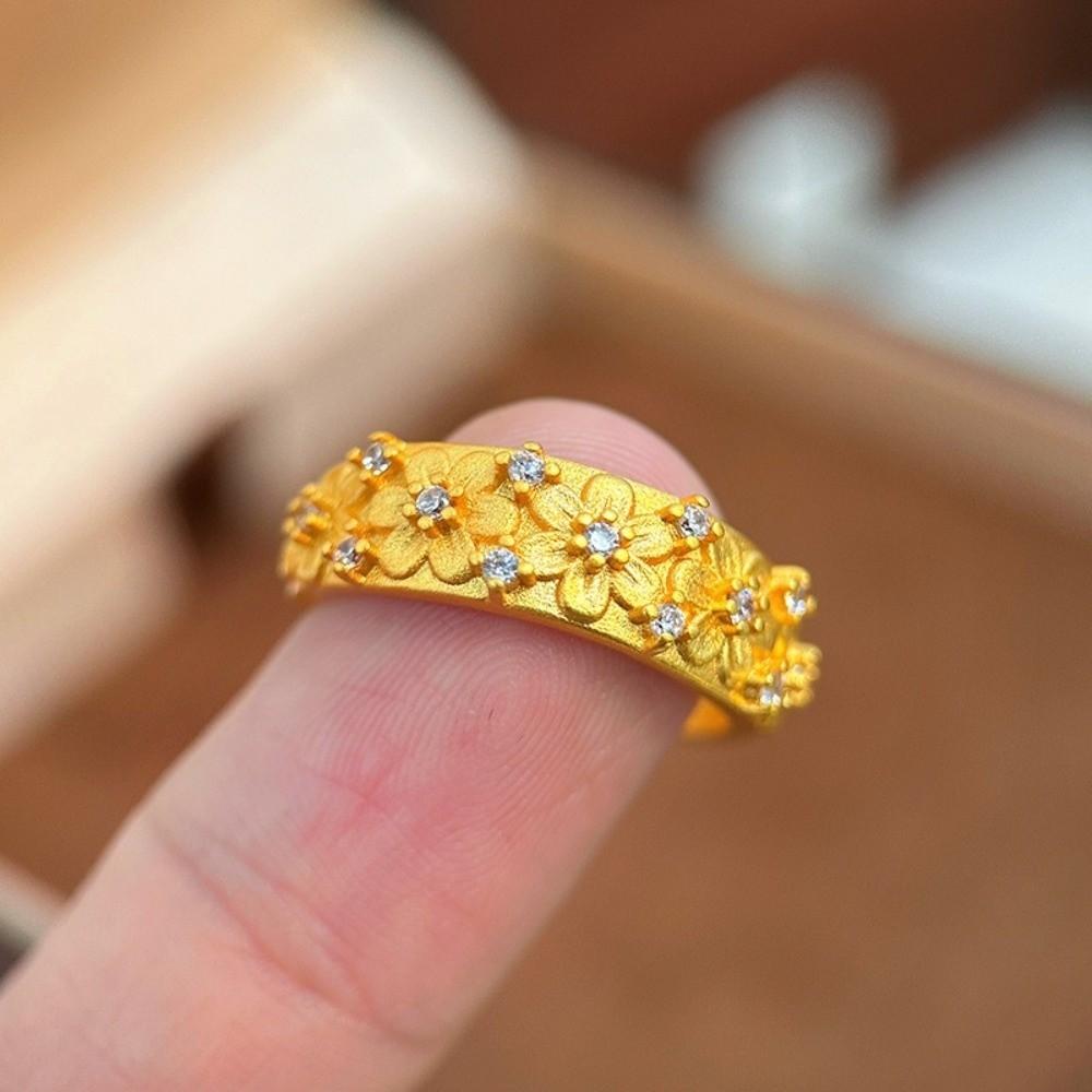 Sand Gold Floral Adjustable Ring Luxury Gold Plated Ring Rhinestone Accent Ring Women Accessories