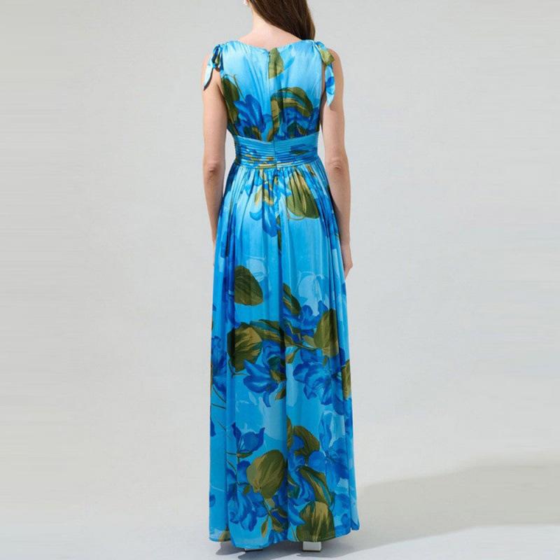 European and American summer sexy deep V-neck floral vacation style print bohemian long pleated dress women