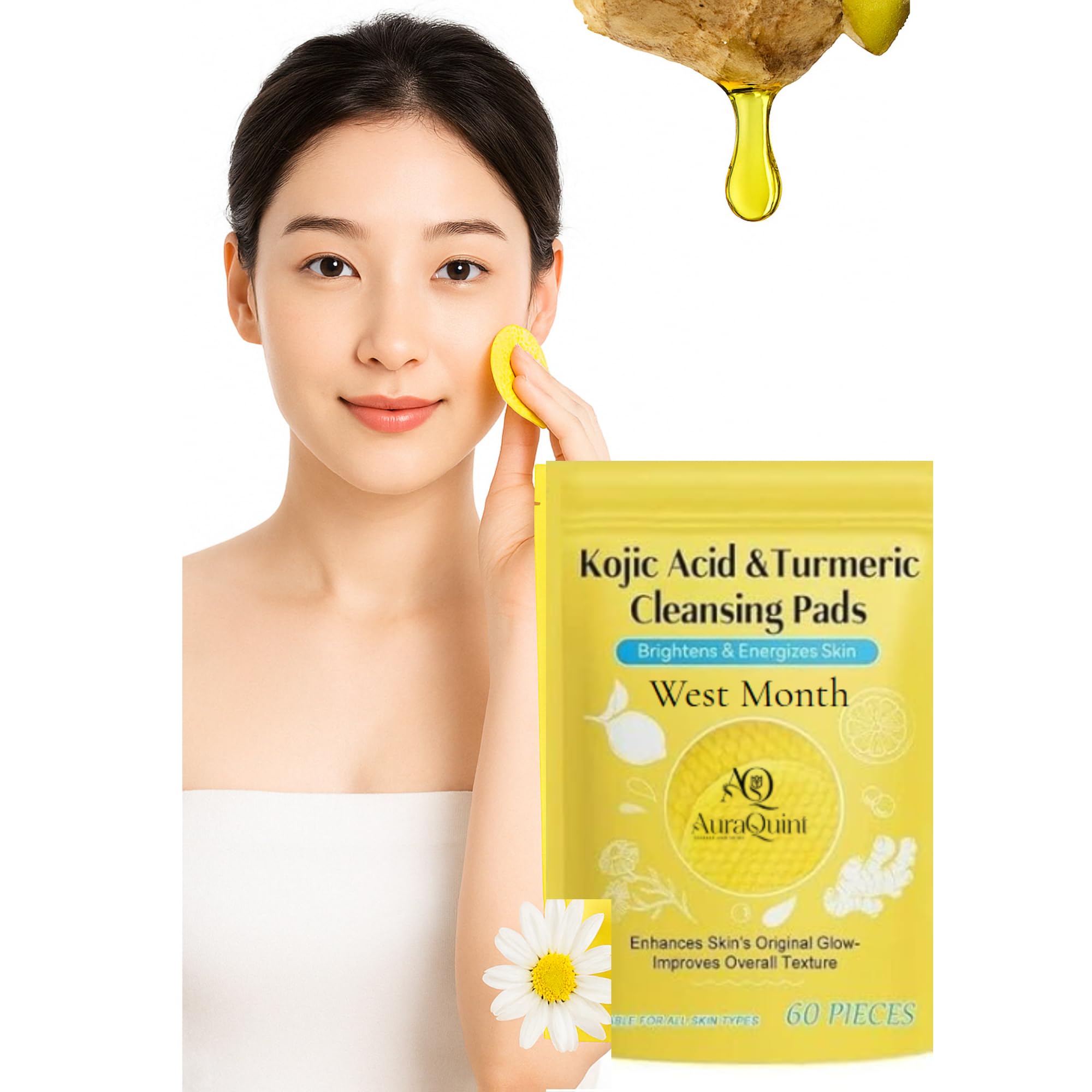 AuraQuint Korean Kojic Acid & Turmeric Cleansing Pads - 60 Pre-Soaked Facial Pad - With Aloe Vera, Chamomile & Cucumber - Gentle Daily Exfoliating